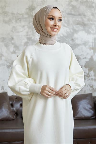 Mina Balon Kol Triko Elbise - Beyaz