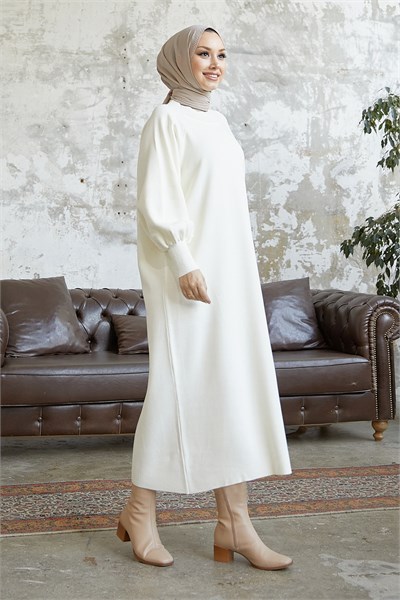 Mina Balloon Sleeve Knit Dress - White