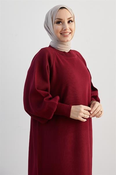 Mina Balon Kol Triko Elbise - Bordo