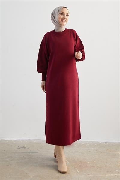 Mina Balon Kol Triko Elbise - Bordo