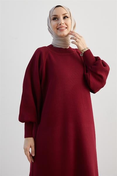 Mina Balon Kol Triko Elbise - Bordo