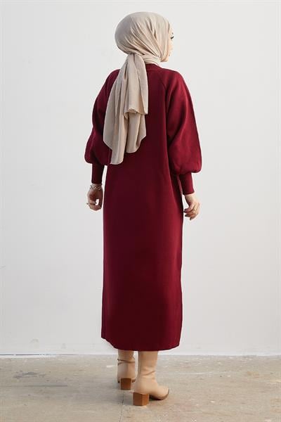 Mina Balon Kol Triko Elbise - Bordo