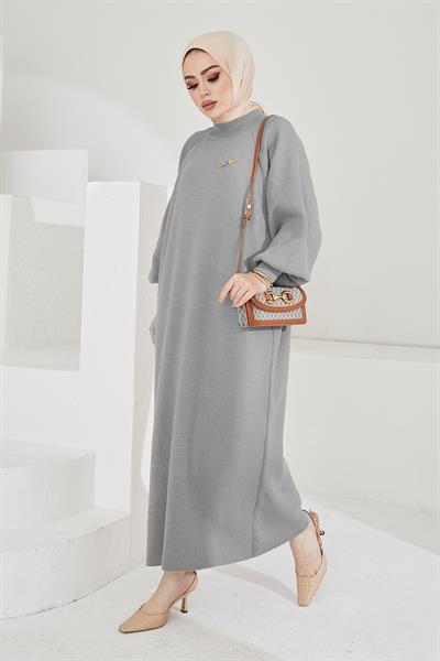 Mina Balon Kol Triko Elbise - Gri