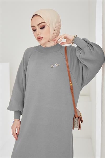 Mina Balon Kol Triko Elbise - Gri