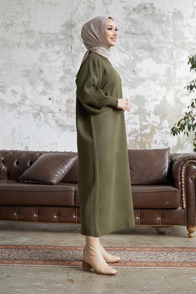 Mina Balon Kol Triko Elbise - Haki