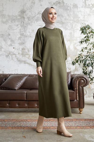 Mina Balon Kol Triko Elbise - Haki