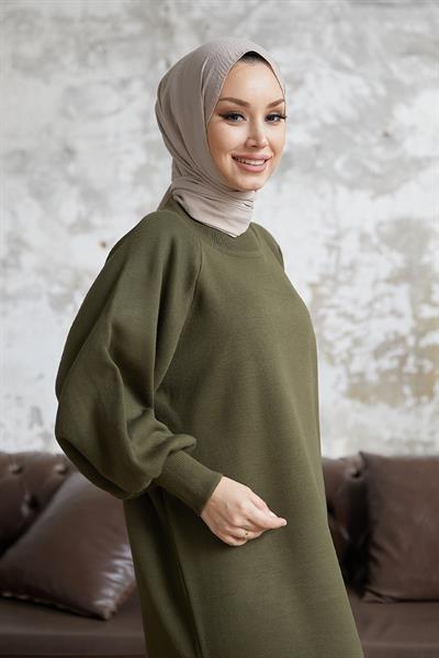 Mina Balon Kol Triko Elbise - Haki