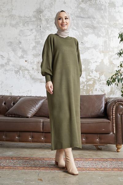 Mina Balon Kol Triko Elbise - Haki