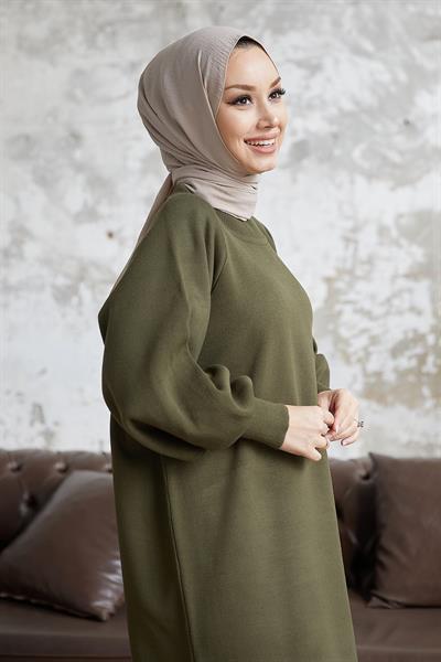 Mina Balon Kol Triko Elbise - Haki