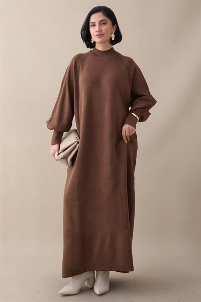 Mina Balon Kol Triko Elbise - Kahverengi