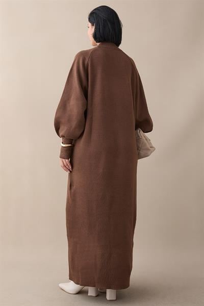 Mina Balon Kol Triko Elbise - Kahverengi