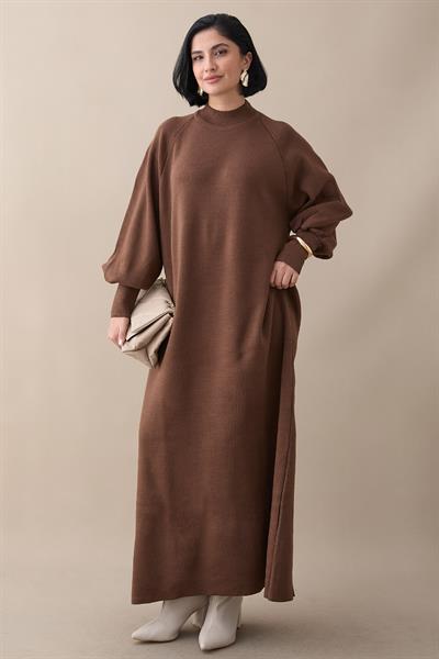 Mina Balon Kol Triko Elbise - Kahverengi