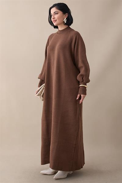 Mina Balon Kol Triko Elbise - Kahverengi