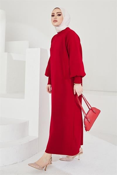 Mina Balon Kol Triko Elbise - Kırmızı