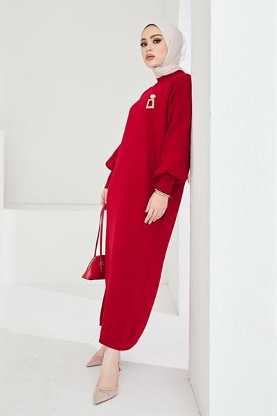 Mina Balon Kol Triko Elbise - Kırmızı