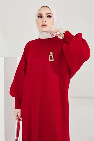 Mina Balloon Sleeve Knit Dress - Red