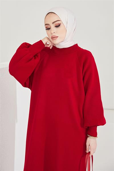 Mina Balon Kol Triko Elbise - Kırmızı