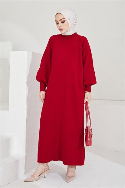 Mina Balon Kol Triko Elbise - Kırmızı