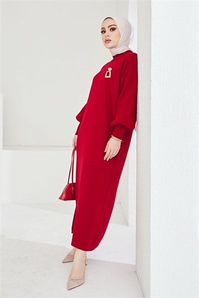 Mina Balloon Sleeve Knit Dress - Red