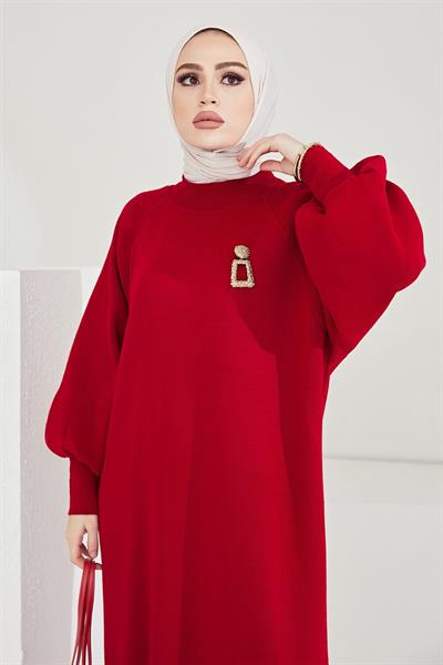 Mina Balon Kol Triko Elbise - Kırmızı