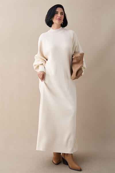 Mina Balon Kol Triko Elbise - Krem