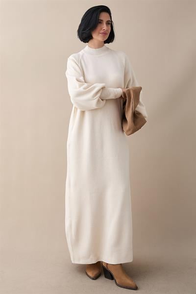 Mina Balon Kol Triko Elbise - Krem