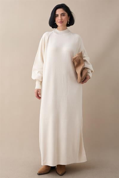 Mina Balon Kol Triko Elbise - Krem