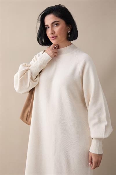 Mina Balon Kol Triko Elbise - Krem