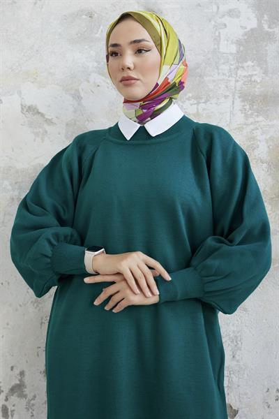 Mina Balon Kol Triko Elbise - Petrol Yeşili