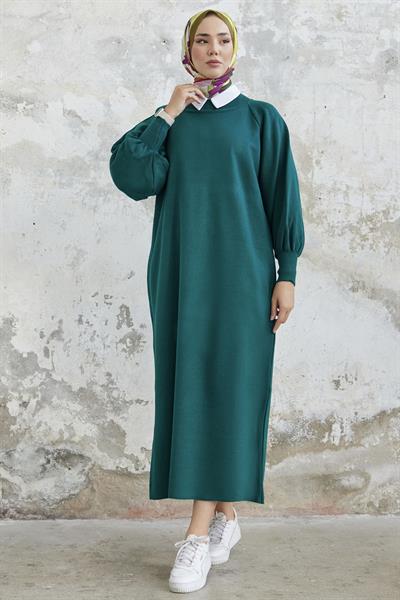 Mina Balon Kol Triko Elbise - Petrol Yeşili