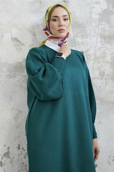 Mina Balon Kol Triko Elbise - Petrol Yeşili