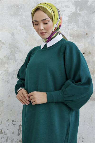 Mina Balon Kol Triko Elbise - Petrol Yeşili