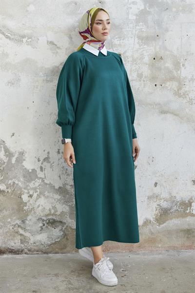 Mina Balon Kol Triko Elbise - Petrol Yeşili