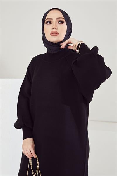 Mina Balon Kol Triko Elbise - Siyah