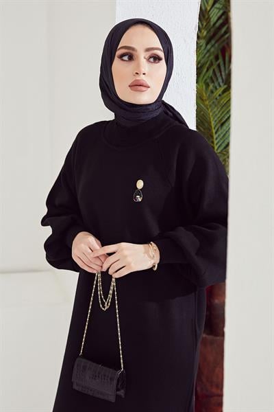 Mina Balon Kol Triko Elbise - Siyah