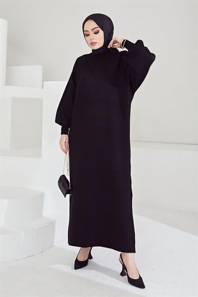 Mina Balon Kol Triko Elbise - Siyah