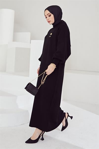 Mina Balon Kol Triko Elbise - Siyah