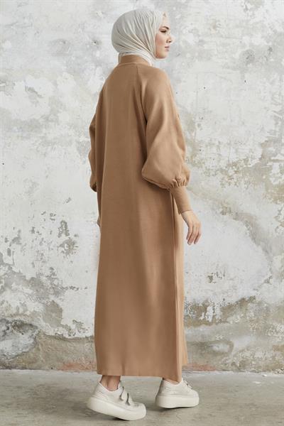 Mina Balon Kol Triko Elbise - Sütlü Kahve