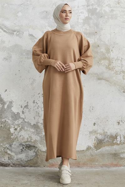 Mina Balon Kol Triko Elbise - Sütlü Kahve