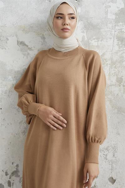 Mina Balon Kol Triko Elbise - Sütlü Kahve