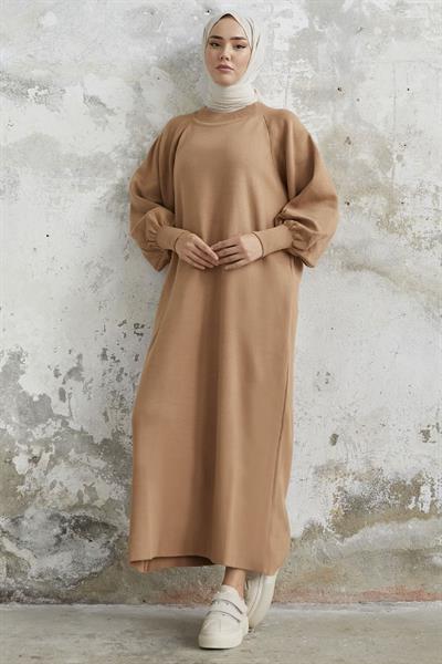 Mina Balon Kol Triko Elbise - Sütlü Kahve