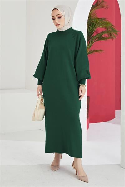 Mina Balon Kol Triko Elbise - Zümrüt Yeşili