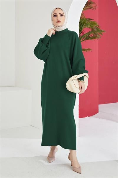 Mina Balon Kol Triko Elbise - Zümrüt Yeşili