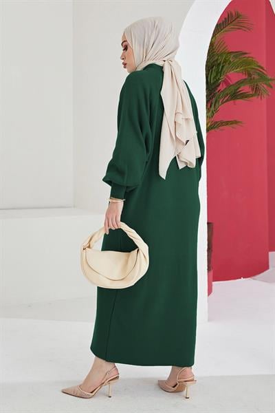 Mina Balon Kol Triko Elbise - Zümrüt Yeşili