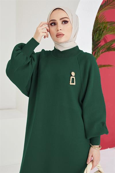 Mina Balon Kol Triko Elbise - Zümrüt Yeşili