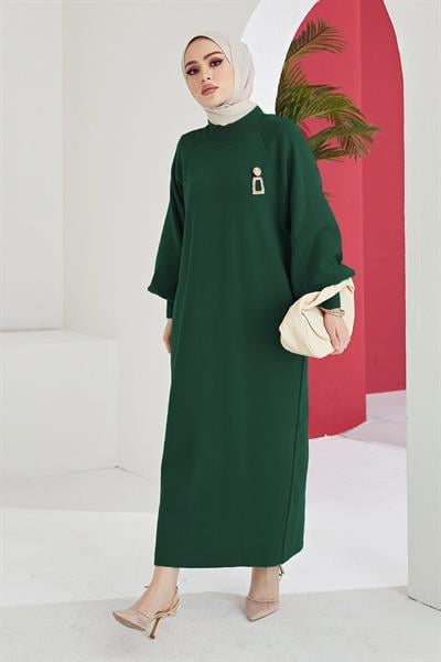 Mina Balon Kol Triko Elbise - Zümrüt Yeşili