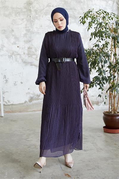 Minda Çıtır Puantiyeli Şifon Elbise - Mor