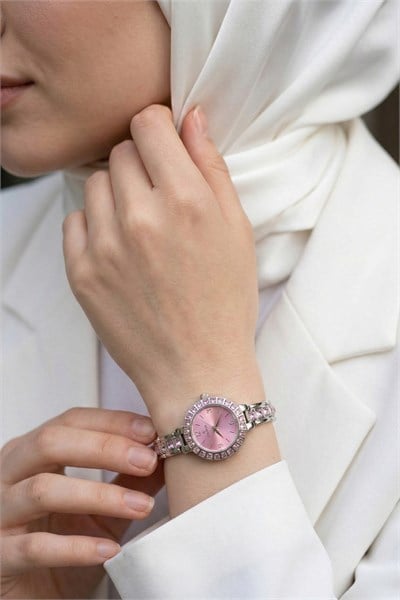 Minimal Kare Taşlı Gümüş-Pembe Kadın Kol Saati