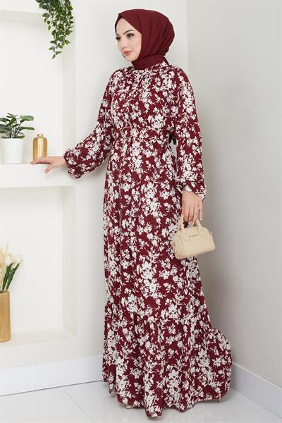 Mirana Çiçek Desen Bordo Viskon Elbise