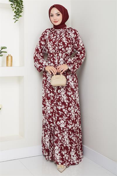 Mirana Çiçek Desen Bordo Viskon Elbise